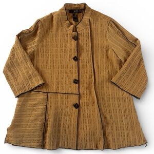 Ali Miles Textured Swing Light Jacket/Blouse Brown Black Trim Button Front M